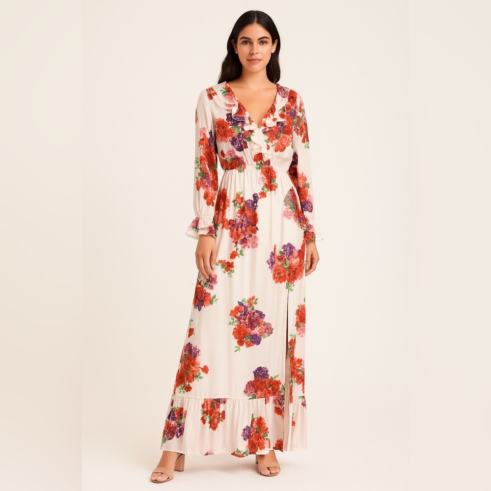Une âmi White Floral Ruffle Maxi Dress – Long Sleeve, Side Slit, Size Large